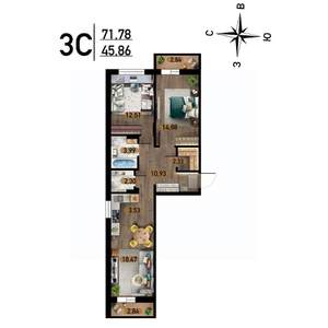 3-к квартира, строящийся дом, 72м2, 3/17 этаж