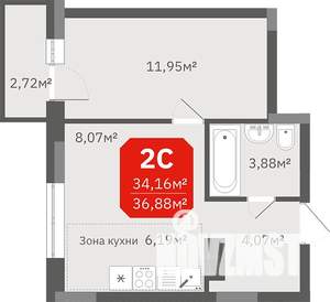 1-к квартира, строящийся дом, 37м2, 17/17 этаж