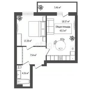 2-к квартира, вторичка, 43м2, 13/25 этаж