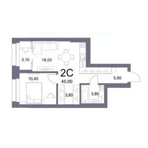 2-к квартира, вторичка, 45м2, 7/25 этаж