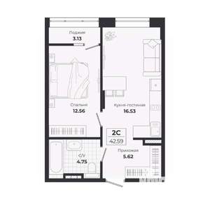 2-к квартира, строящийся дом, 39м2, 9/9 этаж