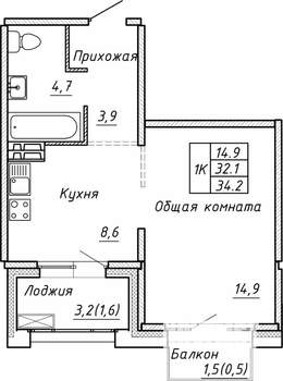 Студия квартира, вторичка, 34м2, 8/15 этаж