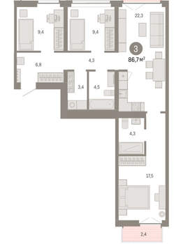 3-к квартира, вторичка, 87м2, 2/23 этаж
