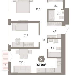 2-к квартира, вторичка, 67м2, 9/23 этаж