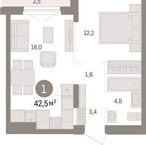 1-к квартира, вторичка, 43м2, 8/15 этаж