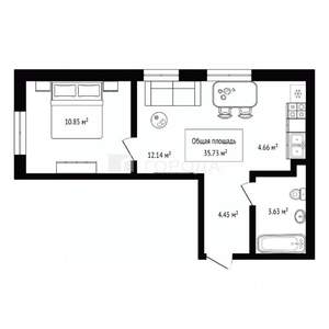 1-к квартира, строящийся дом, 36м2, 1/19 этаж