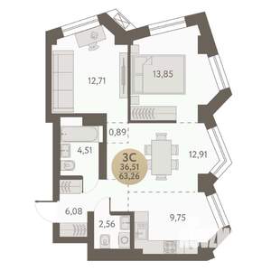 3-к квартира, вторичка, 63м2, 7/31 этаж