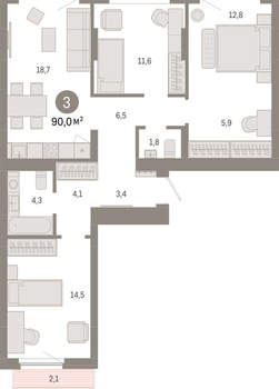 3-к квартира, вторичка, 90м2, 5/12 этаж