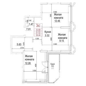 1-к квартира, строящийся дом, 52м2, 2/21 этаж