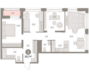 3-к квартира, вторичка, 90м2, 23/30 этаж