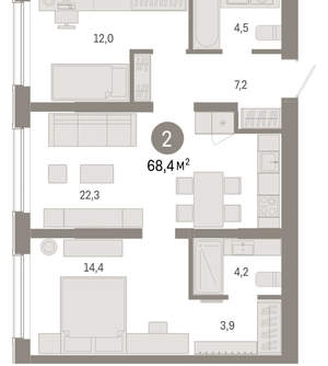 2-к квартира, вторичка, 68м2, 1/15 этаж