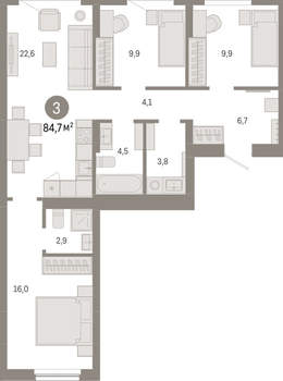3-к квартира, вторичка, 85м2, 3/12 этаж