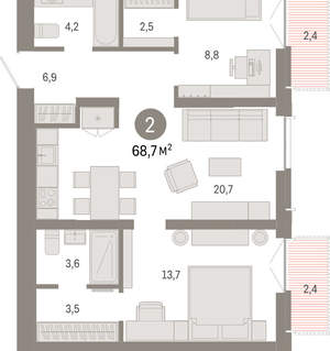 2-к квартира, вторичка, 69м2, 5/23 этаж