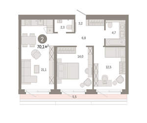2-к квартира, вторичка, 70м2, 2/24 этаж