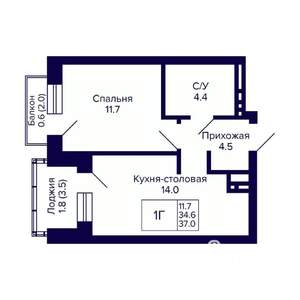 1-к квартира, вторичка, 37м2, 6/20 этаж