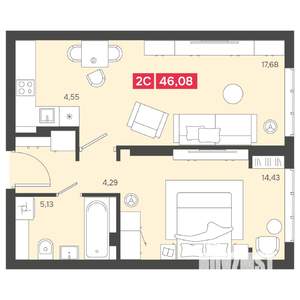 2-к квартира, вторичка, 46м2, 3/22 этаж