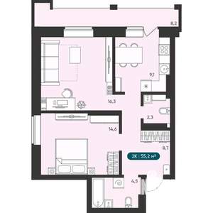 2-к квартира, вторичка, 55м2, 10/25 этаж