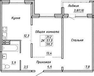 2-к квартира, строящийся дом, 59м2, 8/17 этаж
