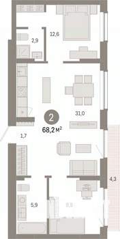 2-к квартира, вторичка, 68м2, 9/9 этаж