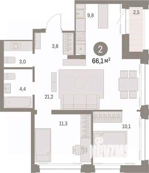 2-к квартира, вторичка, 66м2, 25/30 этаж