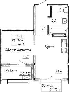 Студия квартира, вторичка, 34м2, 12/15 этаж