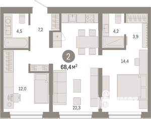 2-к квартира, вторичка, 68м2, 1/15 этаж