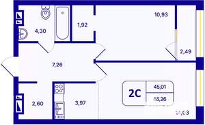 2-к квартира, вторичка, 46м2, 23/26 этаж
