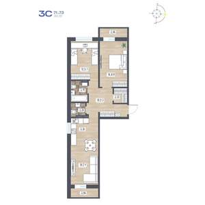 3-к квартира, строящийся дом, 72м2, 13/17 этаж