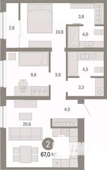 2-к квартира, вторичка, 67м2, 7/7 этаж