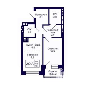 2-к квартира, вторичка, 43м2, 15/20 этаж
