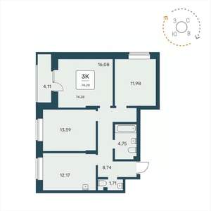 3-к квартира, вторичка, 74м2, 21/25 этаж