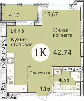 1-к квартира, сданный дом, 43м2, 19/23 этаж
