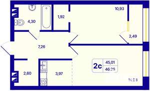 2-к квартира, вторичка, 46м2, 17/26 этаж