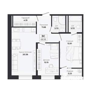 3-к квартира, строящийся дом, 65м2, 8/9 этаж