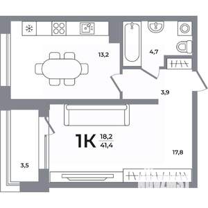 1-к квартира, вторичка, 41м2, 9/12 этаж