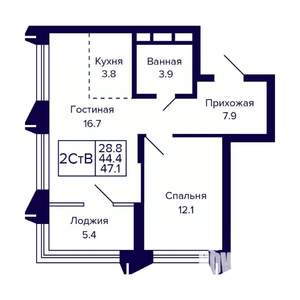 2-к квартира, вторичка, 47м2, 7/8 этаж