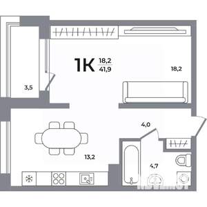 1-к квартира, вторичка, 41м2, 9/12 этаж