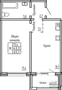 1-к квартира, строящийся дом, 45м2, 1/14 этаж