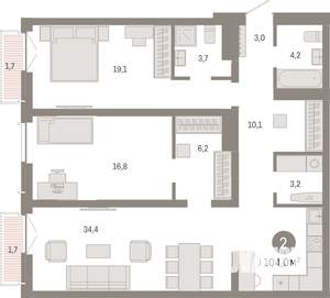2-к квартира, вторичка, 104м2, 6/23 этаж