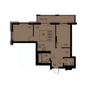 2-к квартира, строящийся дом, 64м2, 16/23 этаж