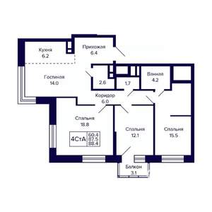 4-к квартира, вторичка, 88м2, 16/23 этаж