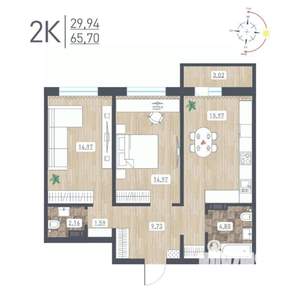 2-к квартира, строящийся дом, 66м2, 4/17 этаж