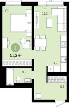 1-к квартира, сданный дом, 52м2, 3/18 этаж