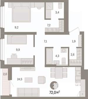2-к квартира, вторичка, 72м2, 9/15 этаж