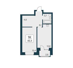 1-к квартира, вторичка, 46м2, 6/21 этаж