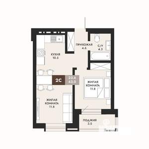 2-к квартира, строящийся дом, 43м2, 15/22 этаж