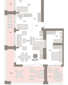 3-к квартира, вторичка, 142м2, 22/23 этаж