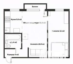 2-к квартира, вторичка, 42м2, 5/5 этаж