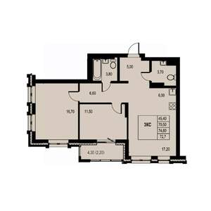 3-к квартира, строящийся дом, 73м2, 9/21 этаж