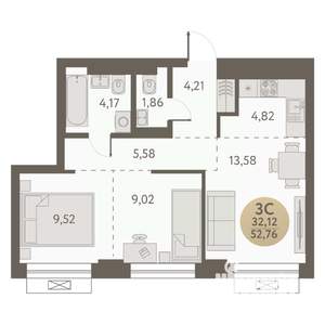 3-к квартира, вторичка, 53м2, 21/31 этаж